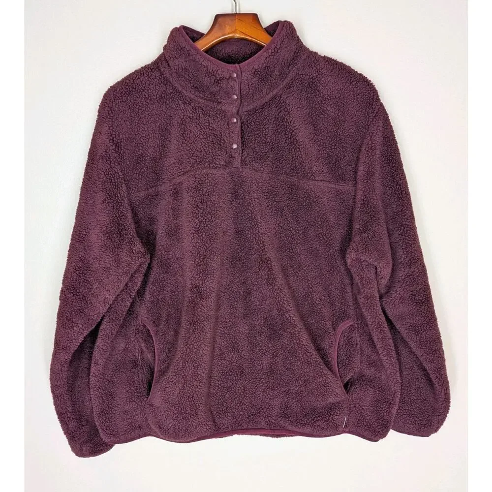 Eddie Bauer Woman’s XXL Hi Pile Fleece Sweater Purple 1/4 Snap Pullover Pockets
